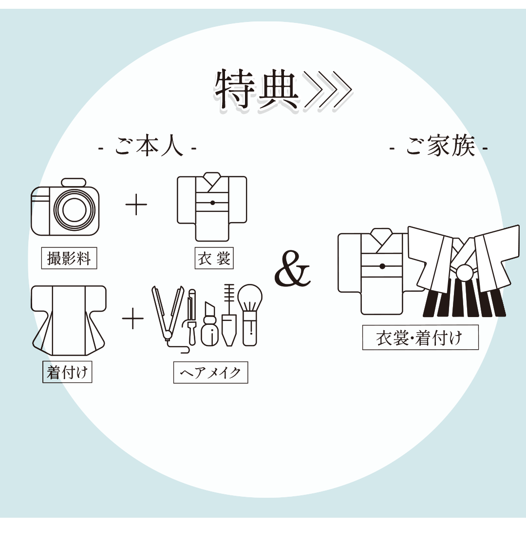 ご本人様特典は
撮影料、衣裳、着付け、ヘアメイク。

ご家族様特典は衣裳、着付け。