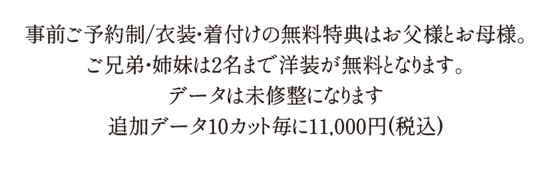 撮影料、衣裳、家族のお支度、ヘアメイクサポート付き
