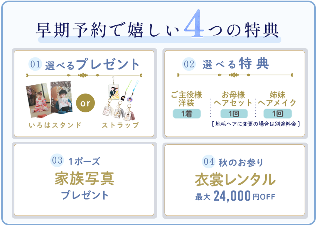早期予約で嬉しい4つの特典。選べるプレゼント、選べる特典、1ポーズ家族写真プレゼント、秋のお参り衣装レンタル24,000円OFF。