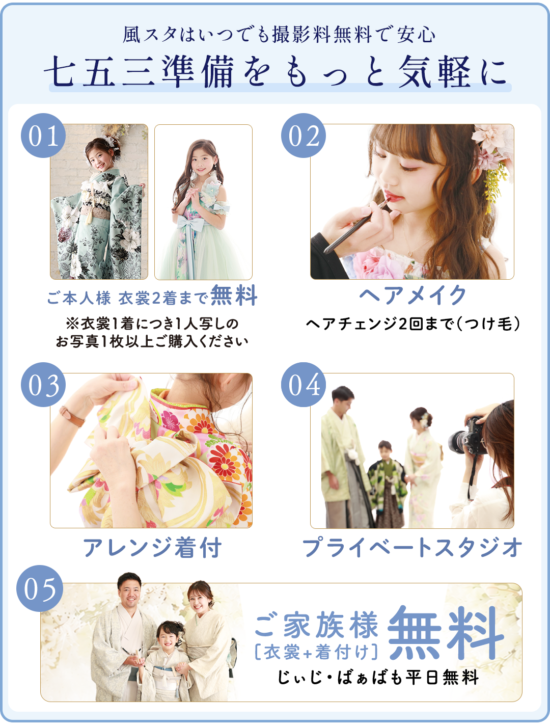 風スタはいつでも撮影料無料で安心。七五三準備をもっと気軽に。

ご本人様衣裳2着まで無料。衣裳1着につき1人写しのお写真1枚以上ご購入ください

ヘアメイク。ヘアチェンジ2回まで(つけ毛)

アレンジ着付け

プレイべートスタジオ

ご家族無料衣裳・着付け無料。じぃじばぁばも平日無料。