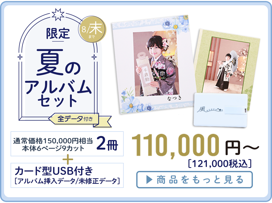 限定。夏のアルバムセット。全データ付きアルバム2冊付きプラン。税抜き110,000円。