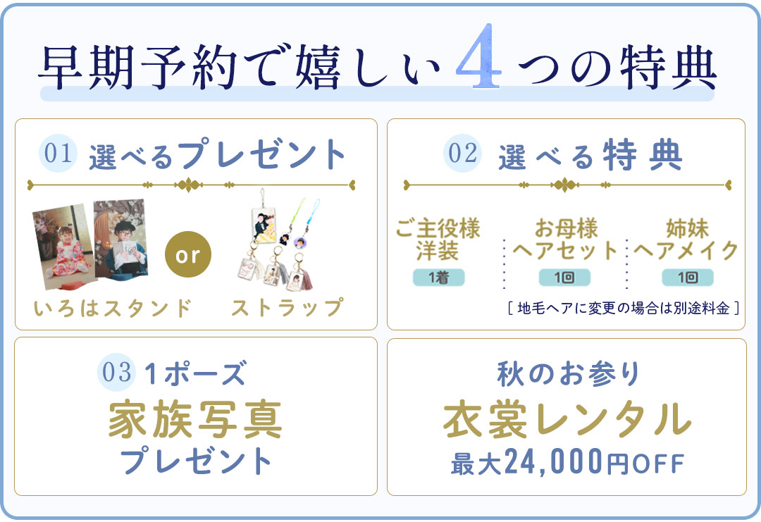 早期予約で嬉しい4つの特典。選べるプレゼント、選べる特典、1ポーズ家族写真プレゼント、秋のお参り衣装レンタル24,000円OFF。