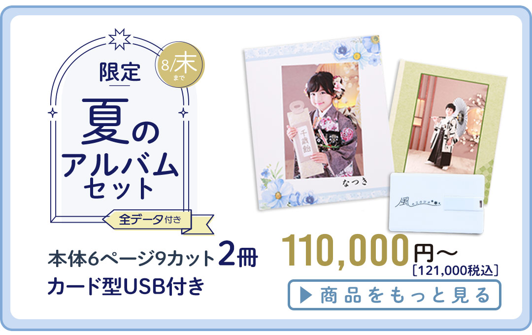 限定。夏のアルバムセット。全データ付きアルバム2冊付きプラン。税抜き110,000円。